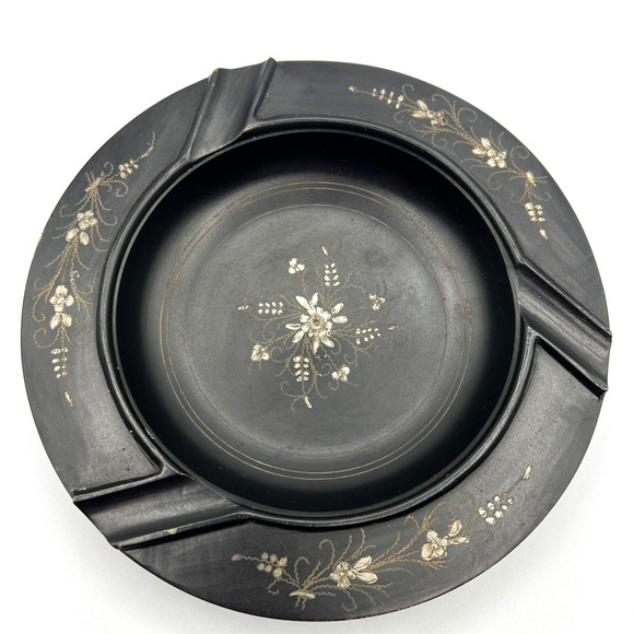 Vintage Matte Black Metal Ashtray With Gold Toned Etched Floral Designs, Boho - Picture 2 of 10